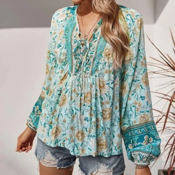 Boho Gypsy Floral Print Blouse Top teal - Picture 5 of 8